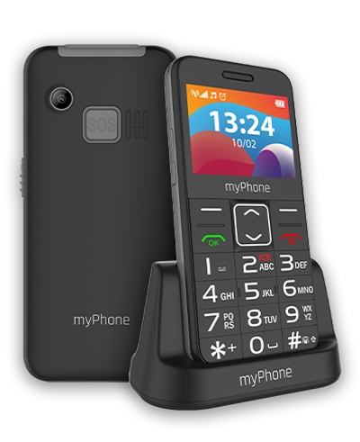 Telefon myPhone HALO 3 LTE pokazany tyłe oraz przodem w stacji ładującej