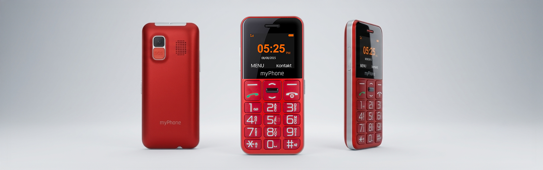 Trzy telefony myPhone Halo Easy czerwony; tył, przód, bok