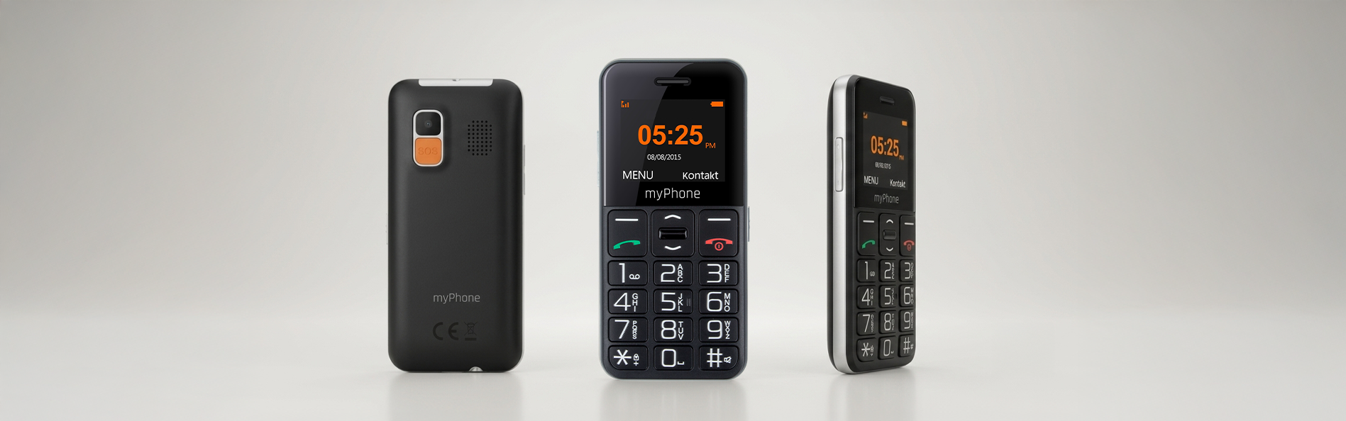 Trzy telefony myPhone Halo Easy; tył, przód, bok