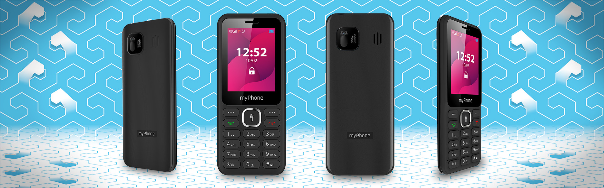 telefon myPhone Jazz pokazany z każdej strony na niebiesko białym tle