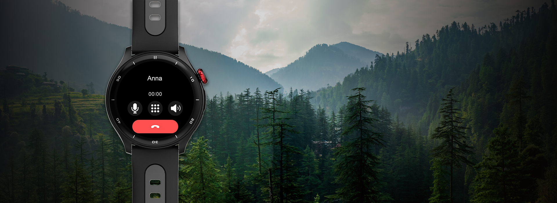 myPhone Watch Adventure czarny na tle lasu; ekran rozmowy Bluetooth