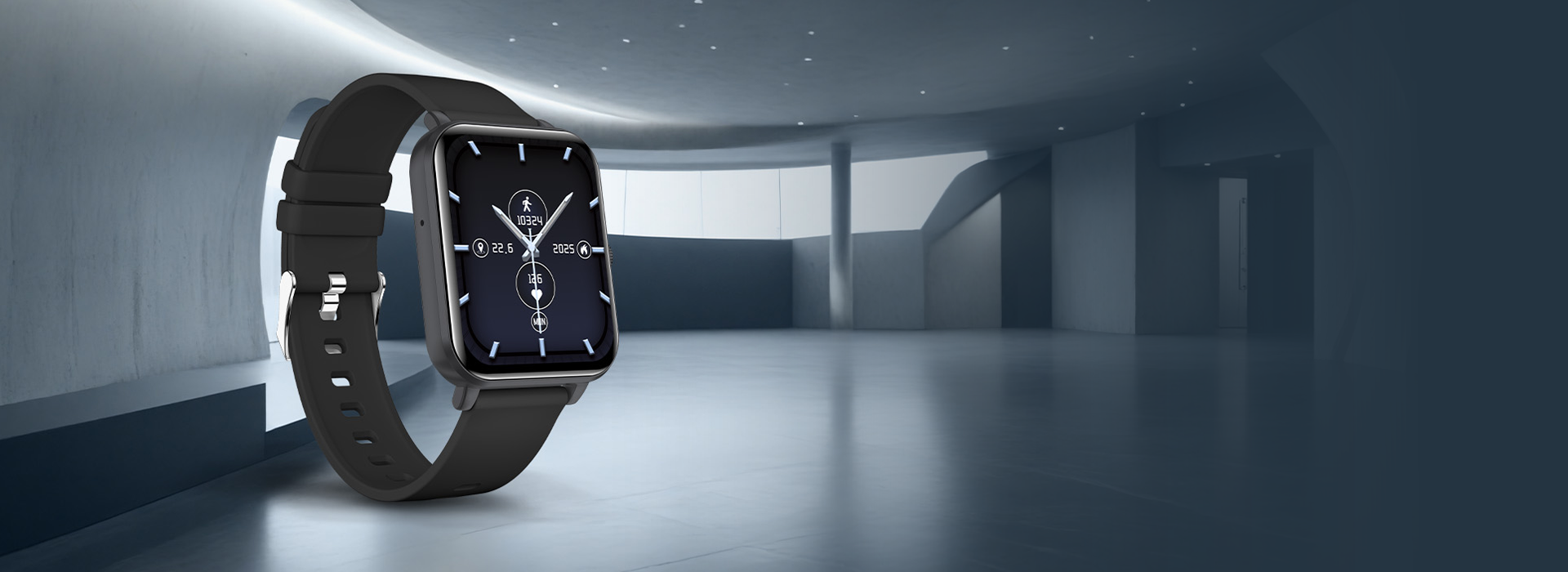 myPhone Watch Classic 2 czarny na szarym korytarzu