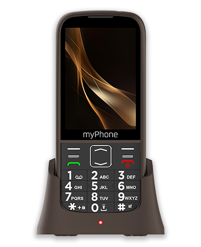 myPhone HALO 4 PLUS LTE Praline Collection zdjęcie frontu z bazą do ładowania. Prosty w użyciu