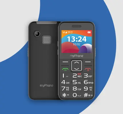 Telefon myPhone HALO 3 LTE widok przodu i tyłu z niebieskimi elementami w tle.