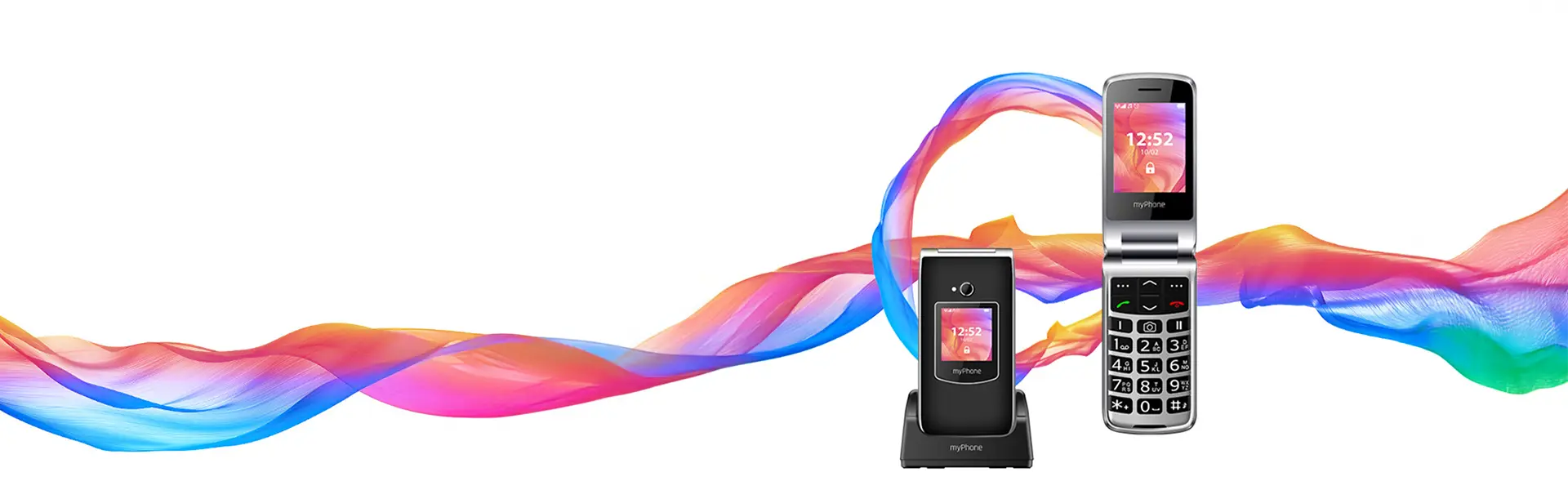 telefon myPhone Rumba 2 z otwartą klapką oraz zamkniętą w bazie ładującej