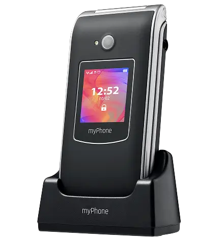 telefon myPhone Rumba 2 z zamkniętą klapką w stacji ładującej
