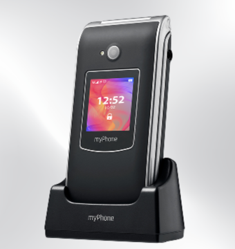 telefon myPhone Rumba 2 z zamkniętą klapką w stacji ładującej