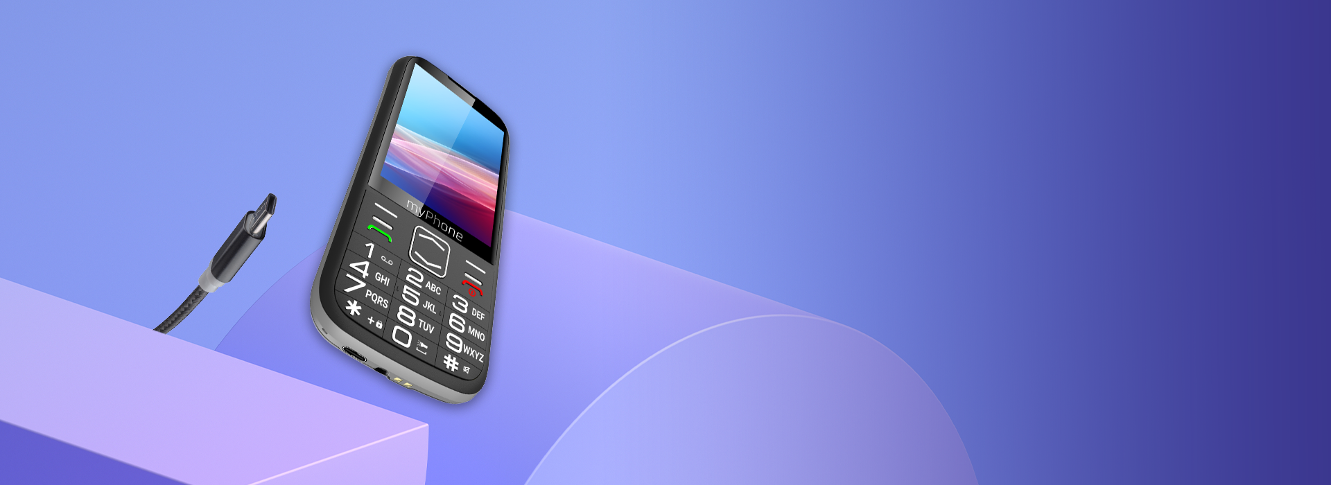 myPhone Halo 4 LTE na fioletowym tle; kształty, kabel USB-C