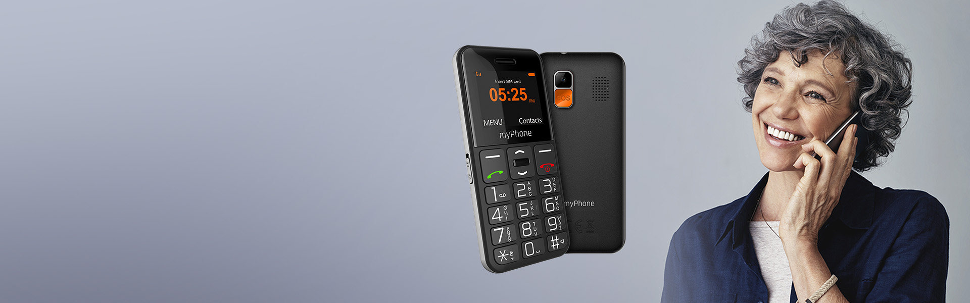 Telefon myPhone Halo Easy w ujęciu przód tył i kobieta rozmawiająca przez telefon. 