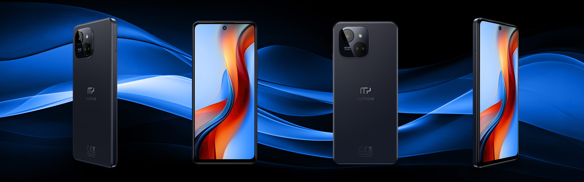 Smartfon myPhone N23 Plus 5G przodem, bokiem i tyłem na granatowo-czarnym tle