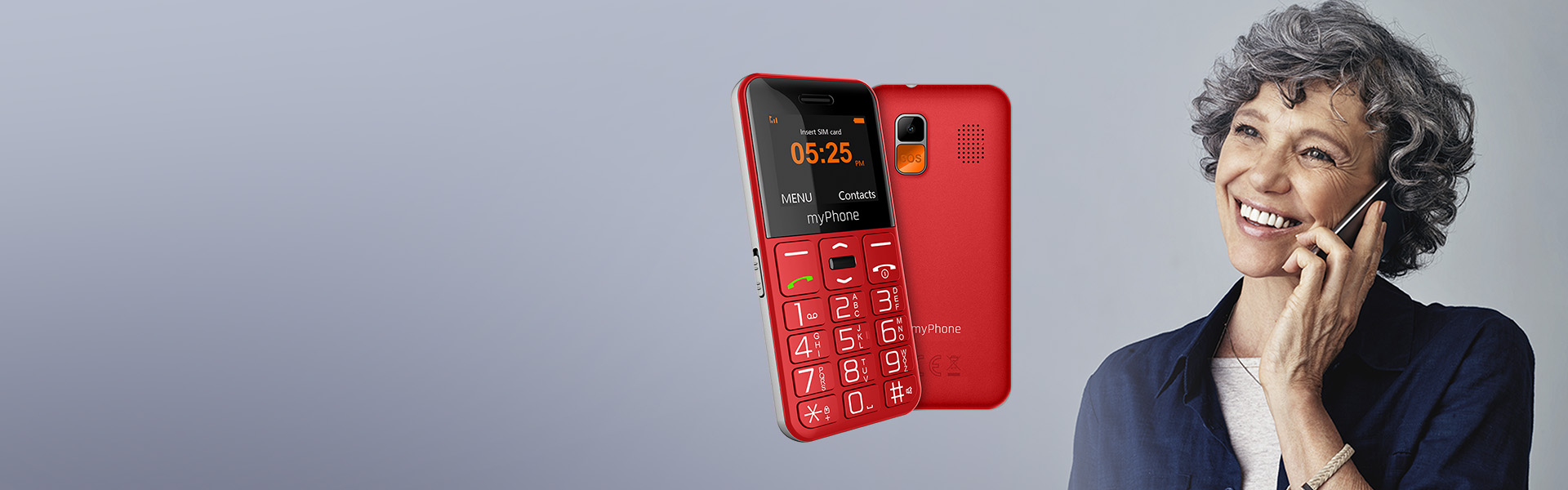 Uśmiechnięta kobieta rozmawiająca przez telefon, obok wizualizacja telefonu myPhone HALO Easy