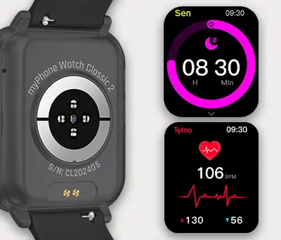 Widok zegarka myPhone Watch Classic 2 od tyłu z pomiarami zdrowia