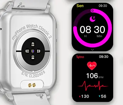 Widok zegarka myPhone Watch Classic 2 od tyłu z pomiarami zdrowia