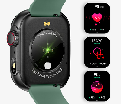 Tył smartwatcha myPhone Watch Tool oraz ekrany funkcji pomiaru zdrowia.